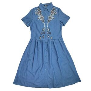 Hekka Blue Chambray Shirt Dress Womens L Printed Boho Button Front Collar